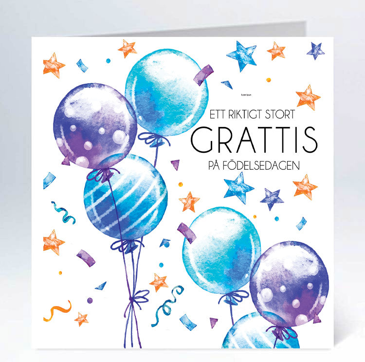 Stort kort 14x14cm grattis ballonger