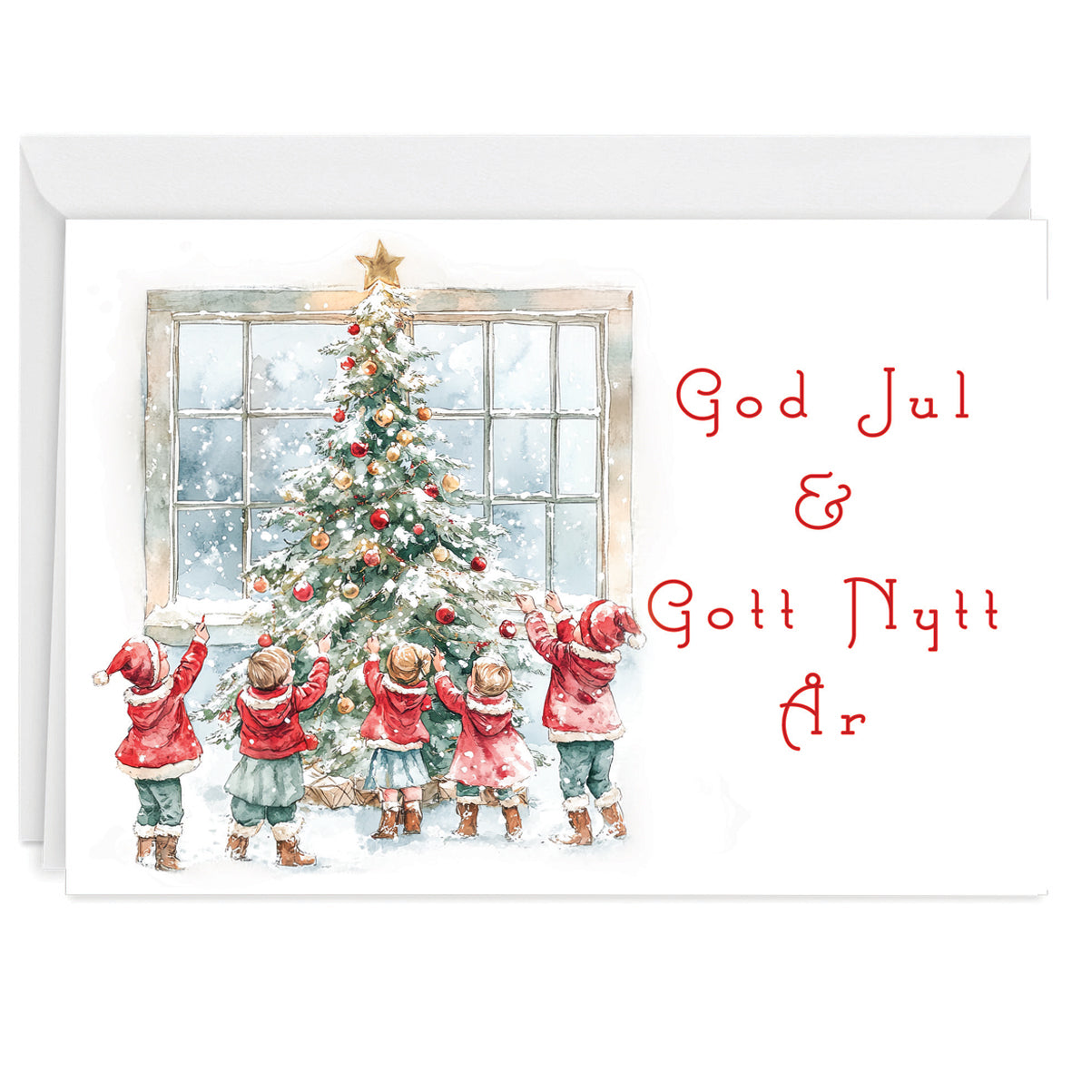 Stort julkort barn runt gran inkl kuvert 10st