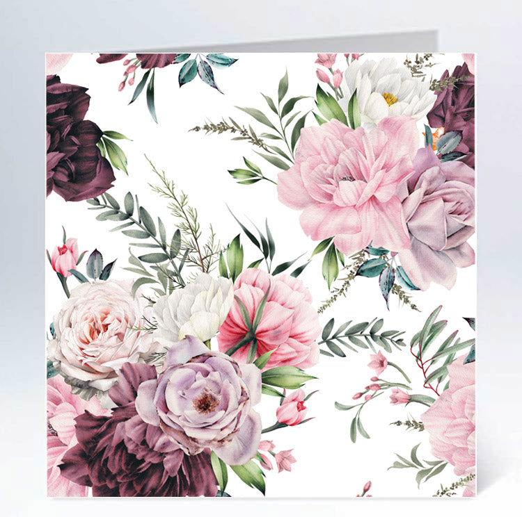 Stort kort 14x14cm bukett i lila akvarell