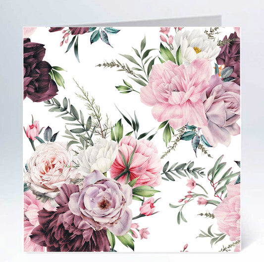 Stort kort 14x14cm bukett i lila akvarell