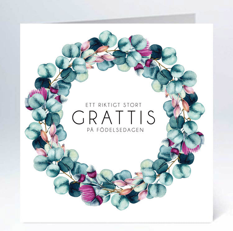 Stort kort 14x14cm eucalyptuskrans grattis